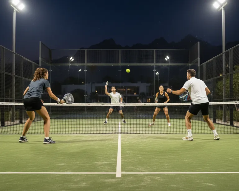 Fast-paced padel match at night under floodlights